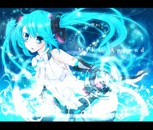 Anime picture 2500x2140 with vocaloid vocaloid append hatsune miku hatsune miku (append) single long hair highres twintails aqua eyes aqua hair girl gloves detached sleeves elbow gloves fingerless gloves