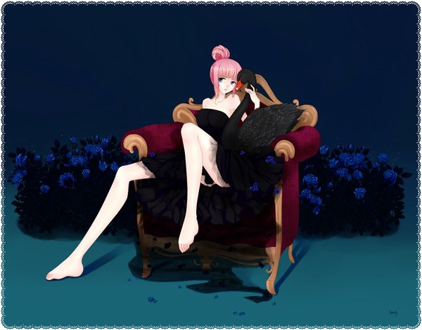 Anime picture 2295x1799 with vocaloid megurine luka mowth fringe highres blue eyes sitting bare shoulders pink hair barefoot legs alternate hairstyle hair up girl dress flower (flowers) animal petals black dress rose (roses)