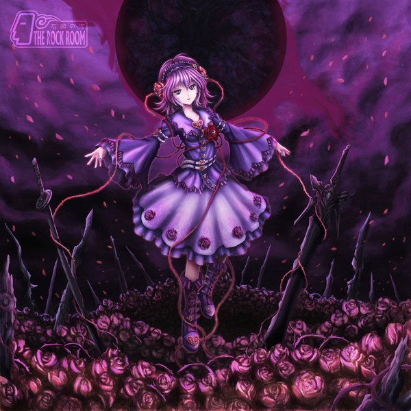 Anime picture 1500x1500 with touhou komeiji satori skyspace (artist) short hair purple eyes purple hair night girl dress flower (flowers) petals sword rose (roses) moon pink rose