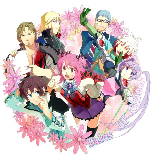Anime picture 1130x1149 with tales of graces sophie (tales) asbel lhant cheria barnes richard (tales) pascal hubert ozwell malik caesars long hair tall image short hair open mouth blue eyes simple background blonde hair brown hair purple eyes twintails multiple girls brown eyes