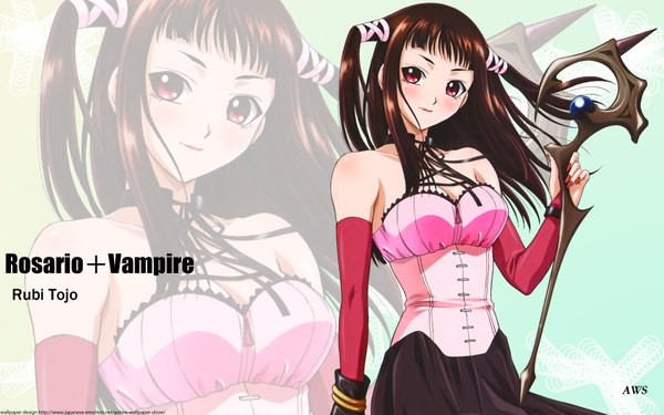 Anime picture 1920x1200 with rosario+vampire toujou rubi single long hair highres red eyes brown hair wide image nail polish inscription zoom layer girl detached sleeves staff