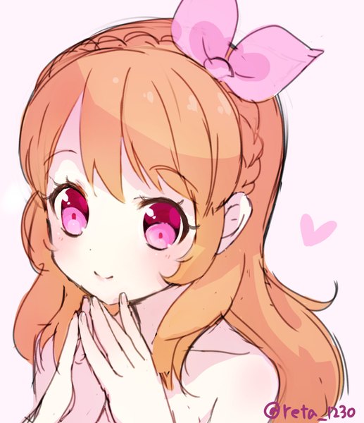 Anime picture 850x987 with aikatsu! oozora akari reta (honoka1230zero) single long hair tall image blush blue eyes light erotic simple background smile signed looking away braid (braids) pink eyes from above orange hair pink background crown braid fingers together