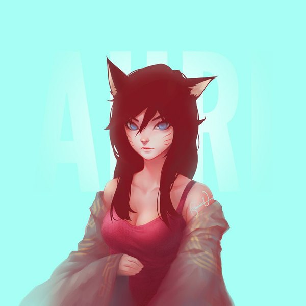 Anime picture 900x900 with league of legends ahri (league of legends) dpremonition single long hair looking at viewer breasts blue eyes black hair simple background animal ears lips fox girl girl t-shirt