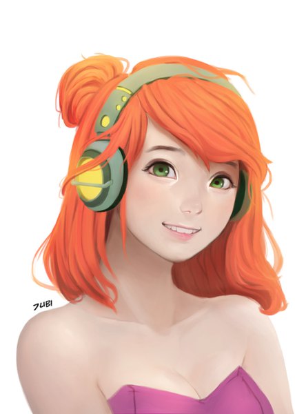 Anime picture 900x1260 with original jubi (regiana) single long hair tall image looking at viewer fringe simple background smile white background bare shoulders green eyes signed head tilt orange hair realistic teeth hair bun (hair buns) girl dress