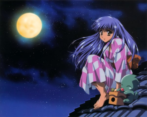 Anime picture 4699x3750 with kawarajima kou single long hair highres brown eyes blue hair absurdres cloud (clouds) traditional clothes japanese clothes barefoot scan night girl food kimono moon wagashi dango