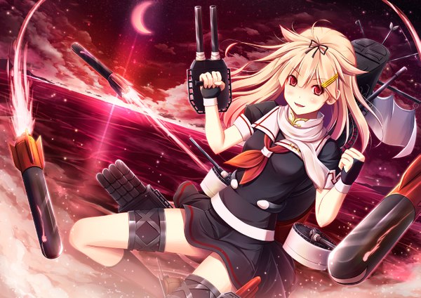 Anime picture 1525x1080 with kantai collection yuudachi destroyer akashio (loli ace) single long hair looking at viewer blush blonde hair red eyes sky cloud (clouds) night horizon crescent remodel (kantai collection) girl skirt hair ornament weapon socks