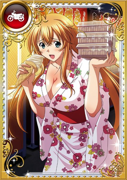 Anime picture 567x800 with ikkitousen sonsaku hakufu single long hair tall image blush fringe breasts open mouth light erotic blonde hair hair between eyes large breasts holding payot ahoge traditional clothes japanese clothes aqua eyes wide sleeves
