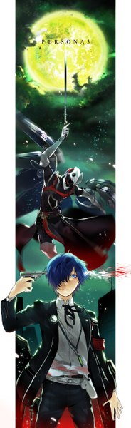 Anime picture 430x1402 with persona 3 persona arisato minato thanatos (persona) kyo zip tall image fringe short hair open mouth blue eyes standing blue hair hair over one eye open clothes open jacket pillarboxed boy weapon shirt sword