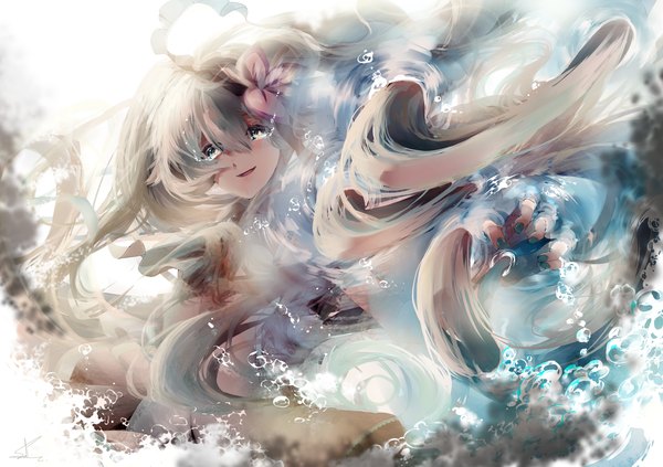 Anime picture 1718x1212 with vocaloid hatsune miku saihate (d3) single looking at viewer highres blue eyes blonde hair smile twintails very long hair nail polish hair flower tears outstretched arm underwater girl hair ornament flower (flowers) bubble (bubbles)