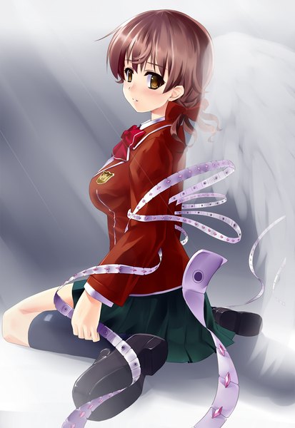 Anime picture 1024x1488 with guilty crown production i.g menjou hare mizuki ame tall image short hair brown hair brown eyes looking back girl skirt uniform bow hair bow school uniform miniskirt shirt wings socks shoes
