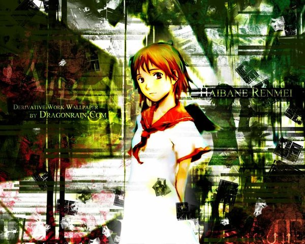 Anime picture 1024x819 with haibane renmei rakka (haibane) abe yoshitoshi single looking at viewer short hair brown hair brown eyes loli flat chest hands behind back green background abstract girl uniform school uniform