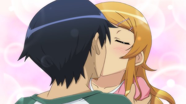 Anime picture 1280x720 with ore no imouto ga konna ni kawaii wake ga nai kousaka kirino kousaka kyousuke long hair blush short hair black hair blonde hair wide image game cg eyes closed couple kiss girl boy hair ornament bobby pin