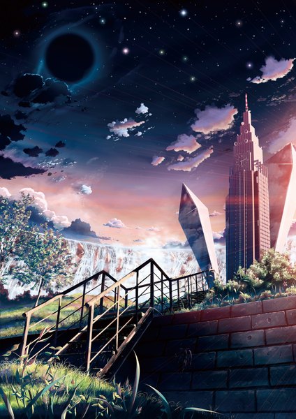 Anime picture 1200x1699 with yakkun tall image sky cloud (clouds) evening sunset no people landscape scenic waterfall eclipse plant (plants) tree (trees) water building (buildings) star (stars) stairs tower