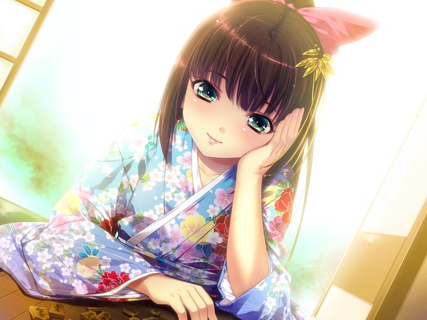 Anime picture 1024x768 with nitou ou mono wa ittou mo ezu long hair black hair green eyes game cg japanese clothes girl kimono