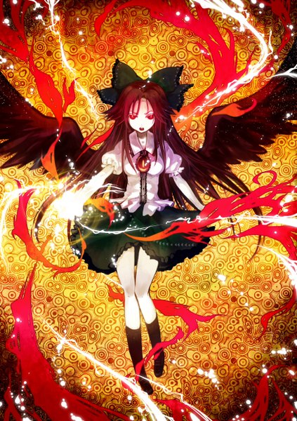 Anime picture 1748x2480 with touhou reiuji utsuho minamura haruki single long hair tall image looking at viewer highres open mouth red eyes brown hair magic black wings arm cannon girl skirt bow weapon hair bow socks