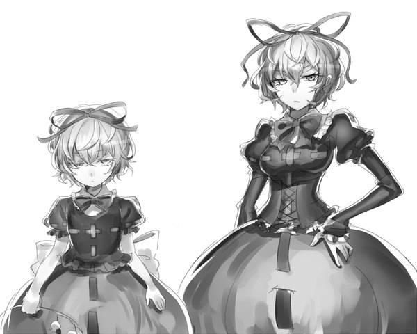 Anime picture 1000x800 with touhou medicine melancholy kikugetsu fringe short hair breasts simple background hair between eyes large breasts white background multiple girls looking away long sleeves blurry short sleeves hand on hip monochrome dual persona alternate age older