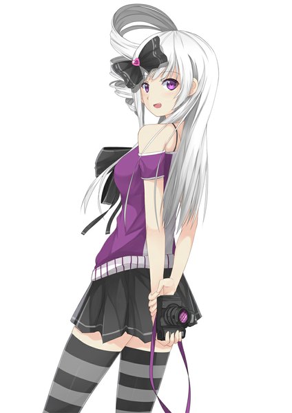 Anime picture 800x1131 with original riki-to single long hair tall image open mouth simple background smile white background purple eyes white hair ponytail pleated skirt looking back side ponytail hands behind back hair rings girl thighhighs skirt