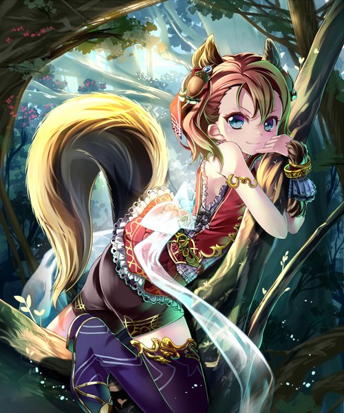 Anime picture 1000x1200 with shingoku no valhalla gate original sho (runatic moon) single tall image looking at viewer short hair blue eyes brown hair animal ears tail animal tail girl dress hair ornament plant (plants) tree (trees)