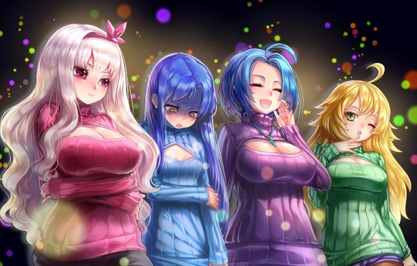 Anime picture 1500x960 with idolmaster hoshii miki kisaragi chihaya shijou takane miura azusa st.microscope long hair blush fringe short hair breasts open mouth light erotic smile red eyes large breasts standing multiple girls brown eyes green eyes