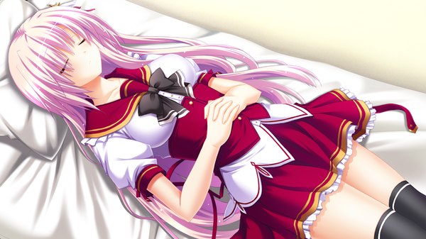 Anime picture 1024x576 with fortuna rhapsody long hair wide image pink hair game cg lying eyes closed girl thighhighs uniform black thighhighs school uniform bowtie