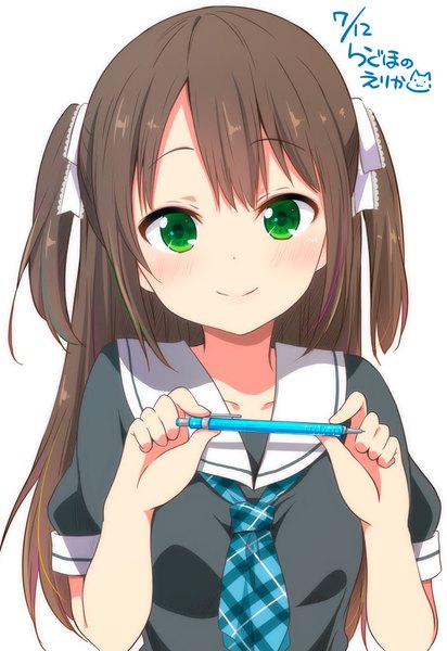 Anime picture 704x1024 with original ragho no erika single long hair tall image looking at viewer blush fringe simple background smile brown hair white background twintails holding green eyes payot upper body inscription short sleeves dated