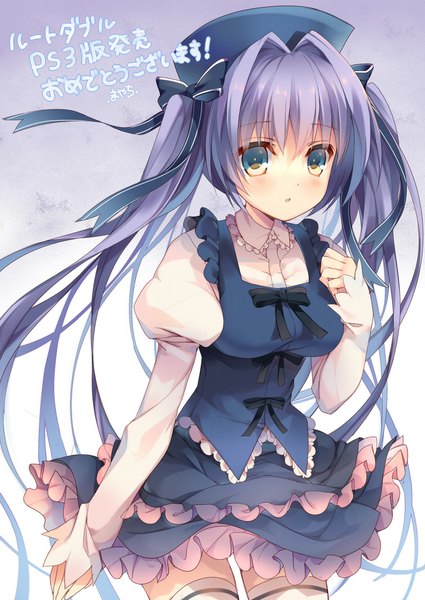 Anime picture 800x1130 with root double kotono yuuri mayachi (amuriya) single tall image looking at viewer blush fringe twintails purple hair very long hair :o zettai ryouiki girl thighhighs dress hair ornament bow hair bow hat