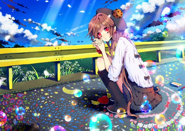 Anime picture 1000x707 with original rugo single long hair looking at viewer red eyes brown hair sitting sky cloud (clouds) girl dress boots beret bubble (bubbles)