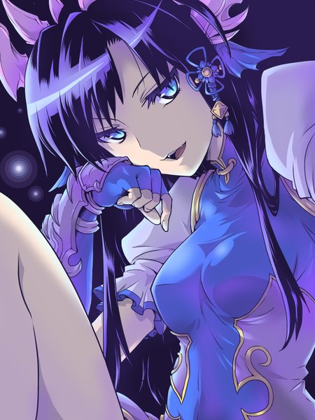 Anime picture 1536x2048 with puzzle & dragons karin (p&d) ishiyumi single long hair tall image looking at viewer highres breasts open mouth blue eyes black hair teeth fang (fangs) puffy sleeves chinese clothes cat eyes girl gloves hair ornament
