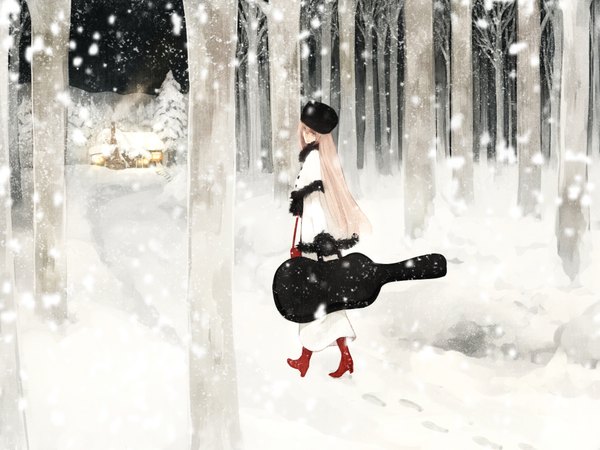 Anime picture 2000x1500 with vocaloid megurine luka katase waka single long hair highres blue eyes pink hair snowing winter smoke snow girl tree (trees) building (buildings) forest cap guitar