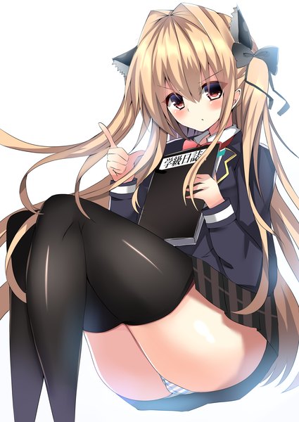 Anime picture 2507x3541 with ricroot single long hair tall image looking at viewer blush fringe highres light erotic simple background blonde hair white background sitting twintails animal ears pink eyes cat ears pantyshot cameltoe girl