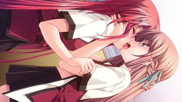 Anime picture 1280x720 with koisuru otome to shugo no tate yamada taeko minase nozomi long hair blue eyes light erotic brown hair wide image game cg red hair braid (braids) eyes closed kiss otoko no ko girl boy uniform school uniform tongue