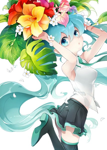 Anime picture 800x1119 with vocaloid hatsune miku bacu single tall image looking at viewer simple background white background twintails very long hair aqua eyes aqua hair girl skirt flower (flowers)