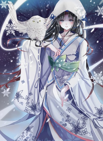 Anime picture 2030x2790 with original mimoto.s single long hair tall image looking at viewer fringe highres blue eyes black hair smile traditional clothes japanese clothes multicolored hair wide sleeves snowing gradient hair bare tree bird on hand girl