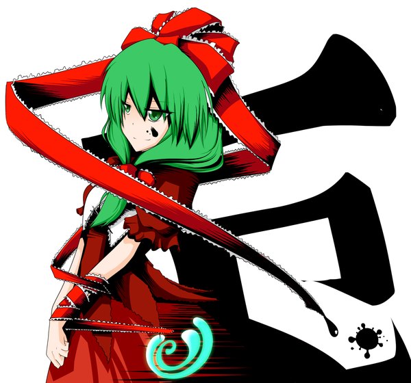 Anime picture 1500x1400 with touhou kagiyama hina piadesutaichou single smile white background green eyes green hair girl bow