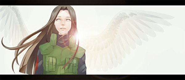 Anime picture 1050x455 with naruto studio pierrot naruto (series) hyuuga neji long hair looking at viewer black hair smile wide image light pale skin angel wings white eyes no pupils boy wings vest