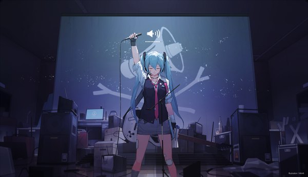 Anime picture 2000x1150 with vocaloid hatsune miku mivit single long hair fringe highres hair between eyes wide image standing twintails holding eyes closed nail polish arm up aqua hair short sleeves alternate costume girl skirt