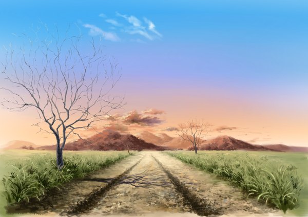 Anime picture 4169x2953 with original hirota highres absurdres sky cloud (clouds) shadow mountain no people landscape nature plant (plants) tree (trees) road