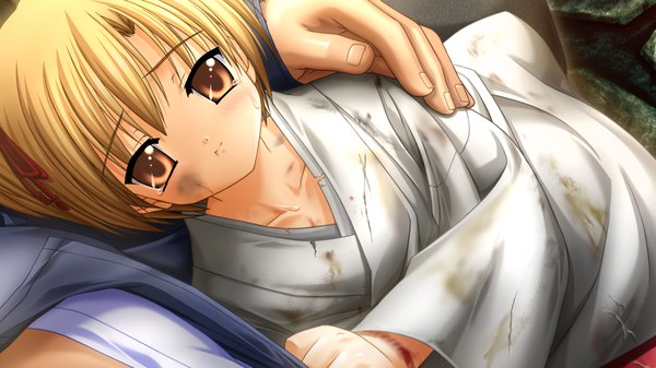 Anime picture 1280x720 with tomodachi ijou koibito miman studio mebius long hair blonde hair wide image brown eyes game cg tears girl