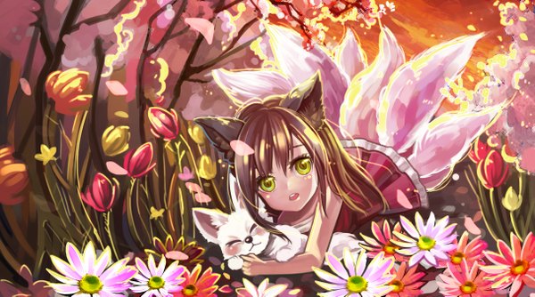 Anime picture 2426x1353 with league of legends ahri (league of legends) sinbe (artist) single long hair looking at viewer highres open mouth wide image green eyes animal ears tail animal tail fox ears fox tail fox girl multiple tails girl flower (flowers) plant (plants)
