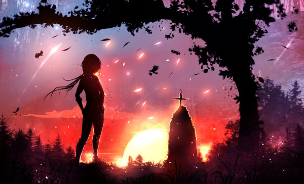 Anime picture 1590x966 with original ryky single long hair wide image standing sky profile sunlight lens flare evening sunset low ponytail silhouette girl plant (plants) tree (trees) cross sun grave