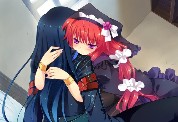 Anime picture 1370x942 with futsuno fantasy long hair blush black hair purple eyes game cg red hair girl dress boy hat