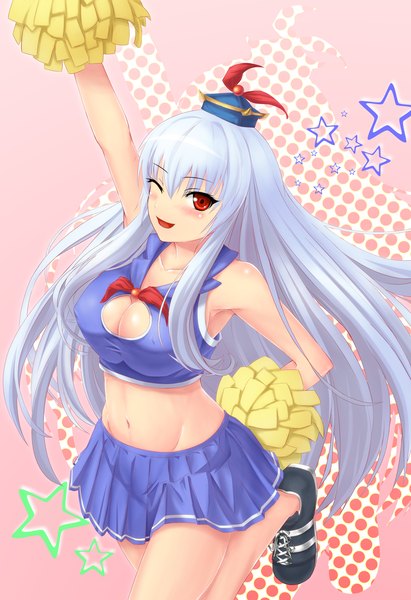 Anime picture 960x1400 with touhou kamishirasawa keine bug (artist) single long hair tall image blush breasts open mouth light erotic red eyes silver hair one eye closed wink midriff cheerleader girl skirt navel hat