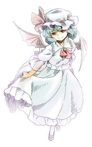 Anime picture 900x1440 with touhou remilia scarlet shirane koitsu single tall image short hair simple background smile red eyes white background blue hair looking away girl dress wings bonnet