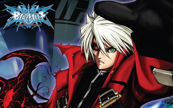 Anime picture 1280x800 with blazblue blazblue phase 0 ragna the bloodedge single short hair wide image white hair inscription heterochromia boy cloak
