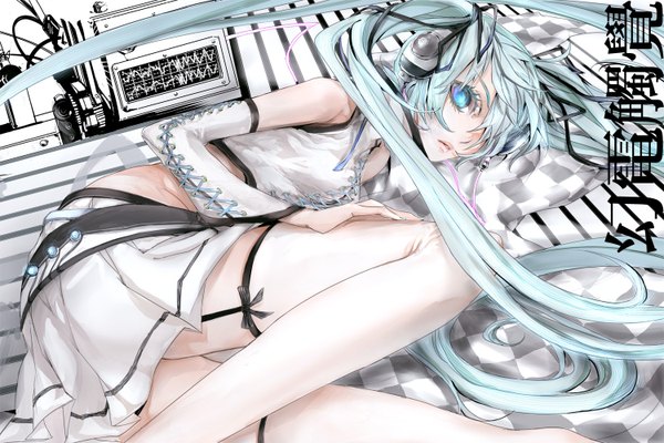 Anime picture 1500x1000 with vocaloid hatsune miku ying (artist) long hair fringe blue eyes twintails lying very long hair hair over one eye checkered floor girl thighhighs detached sleeves miniskirt headphones