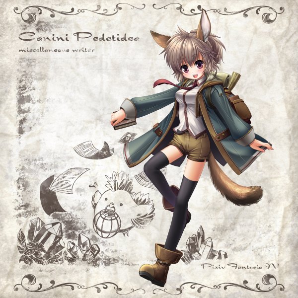 Anime picture 1200x1200 with original pixiv fantasia kei (pixiv) short hair red eyes animal ears animal tail grey hair girl thighhighs black thighhighs animal necktie shorts bird (birds) book (books) coat crystal backpack paper