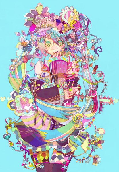 Anime picture 1000x1449 with vocaloid hatsune miku morino mao single long hair tall image simple background twintails green eyes nail polish multicolored hair blue background abstract treble clef girl detached sleeves heart musical note
