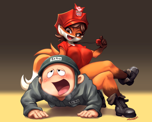 Anime picture 1280x1024 with nestkeeper blush short hair open mouth smile brown hair sitting brown eyes animal ears tail animal tail black eyes fox girl sitting on person girl boy boots tongue helmet flat cap
