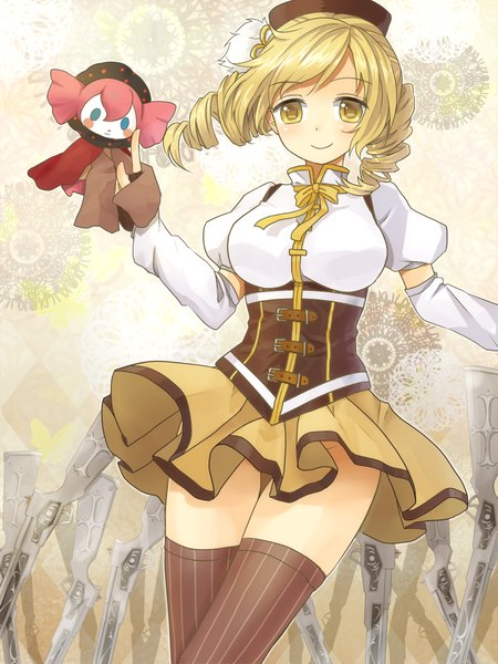 Anime picture 900x1200 with mahou shoujo madoka magica shaft (studio) tomoe mami charlotte (madoka magica) shironeko yuuki single tall image looking at viewer blush short hair blonde hair smile twintails yellow eyes drill hair short twintails underbust girl thighhighs weapon