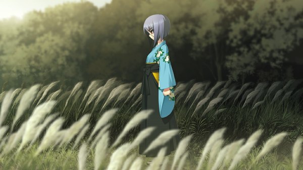 Anime picture 1024x576 with full metal daemon muramasa nitroplus ayane ichijou single short hair red eyes wide image blue hair traditional clothes japanese clothes profile field girl tree (trees) forest hakama